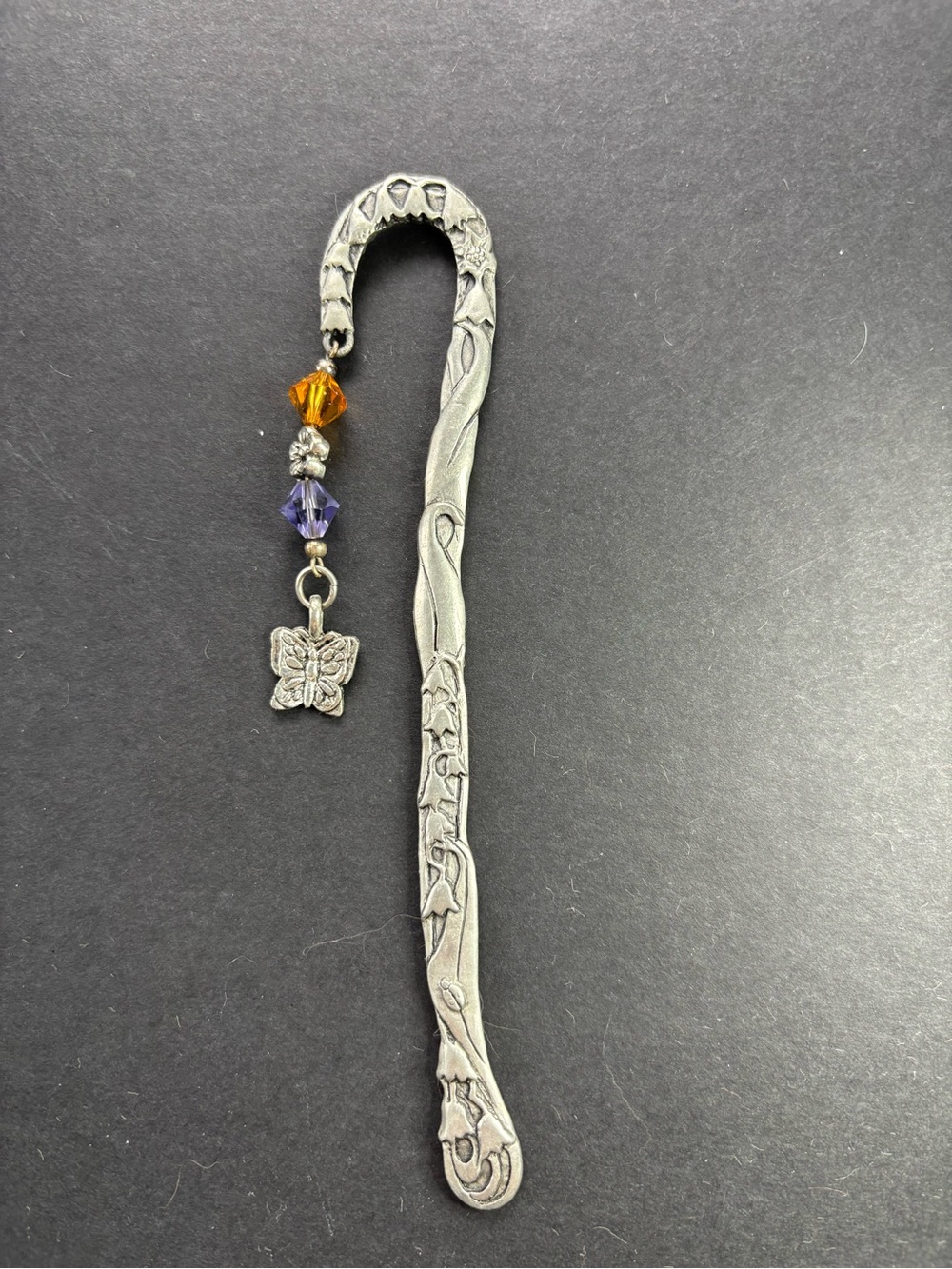 Silver Botanical Metal Bookmark with Orange and Purple Beads